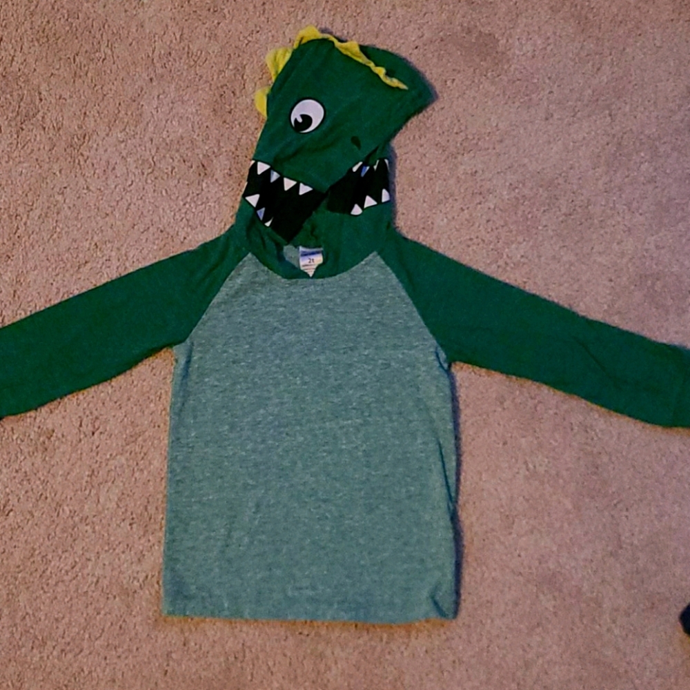 2T Dino hooded long sleeve tee
